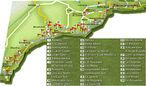 golf course map of La Costa del Sol, South Spain